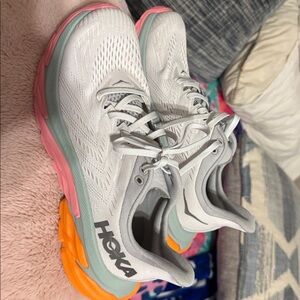 Hoka White with Pink and Orange Accents Running Shoes women’s size 9
